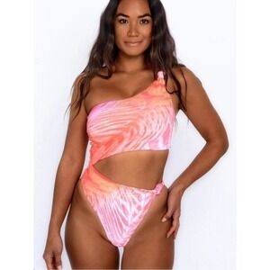 SKATIE Women Pink Orange Abstract Tiger One Shoulder Cutout Swimsuit Size M NEW